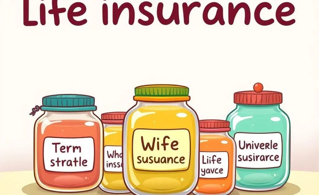 Illustration of different life insurance types depicted as jars with labels.