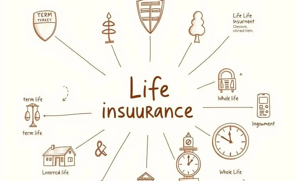 An illustration depicting different types of life insurance policies with labels.