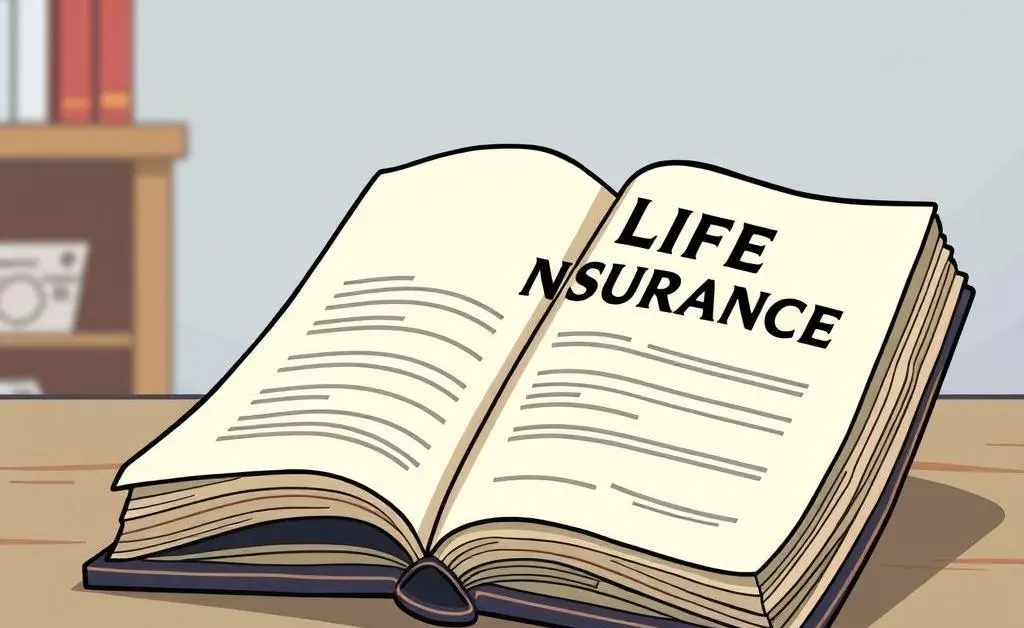 A cartoon-style image of an open life insurance policy book on a table