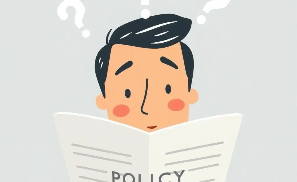 Illustration of question marks above a character's head while they look at a policy document