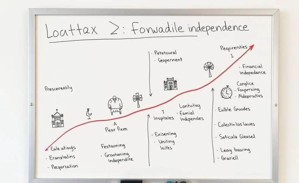 A roadmap drawn on a whiteboard illustrating lifestyle changes towards financial independence