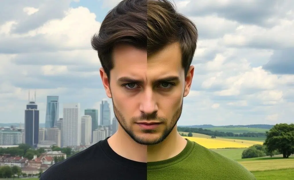 A person making a decision between city and countryside life