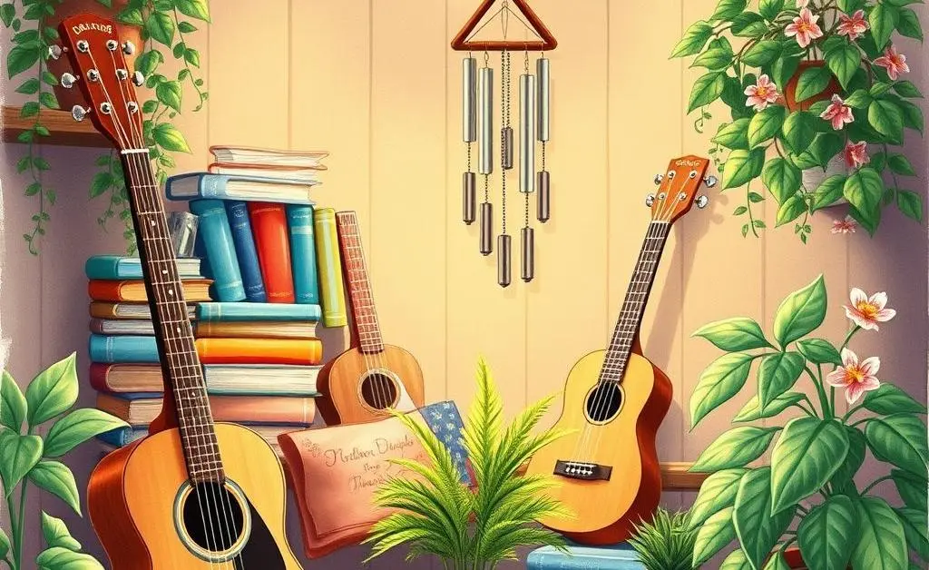 Drawing featuring a hobby corner with musical instruments, books, and plants.