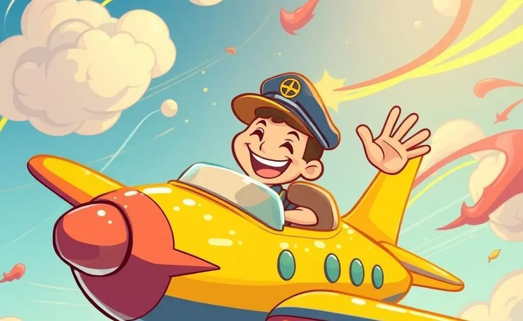 Cartoon of a pilot waving from an airplane with a cheerful mood despite chaos