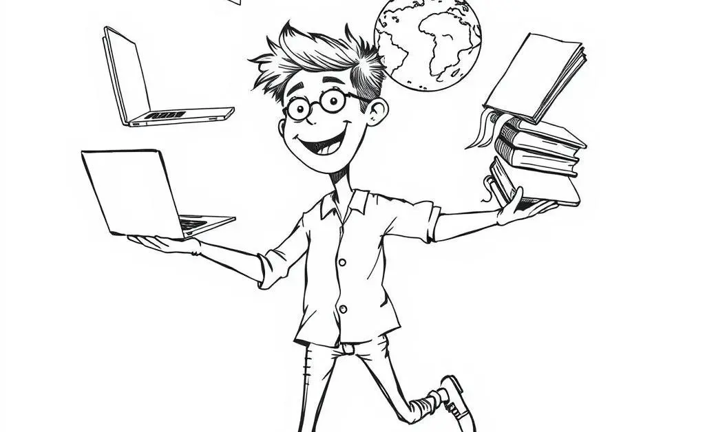 A person juggling different objects like a laptop, a globe, and a book
