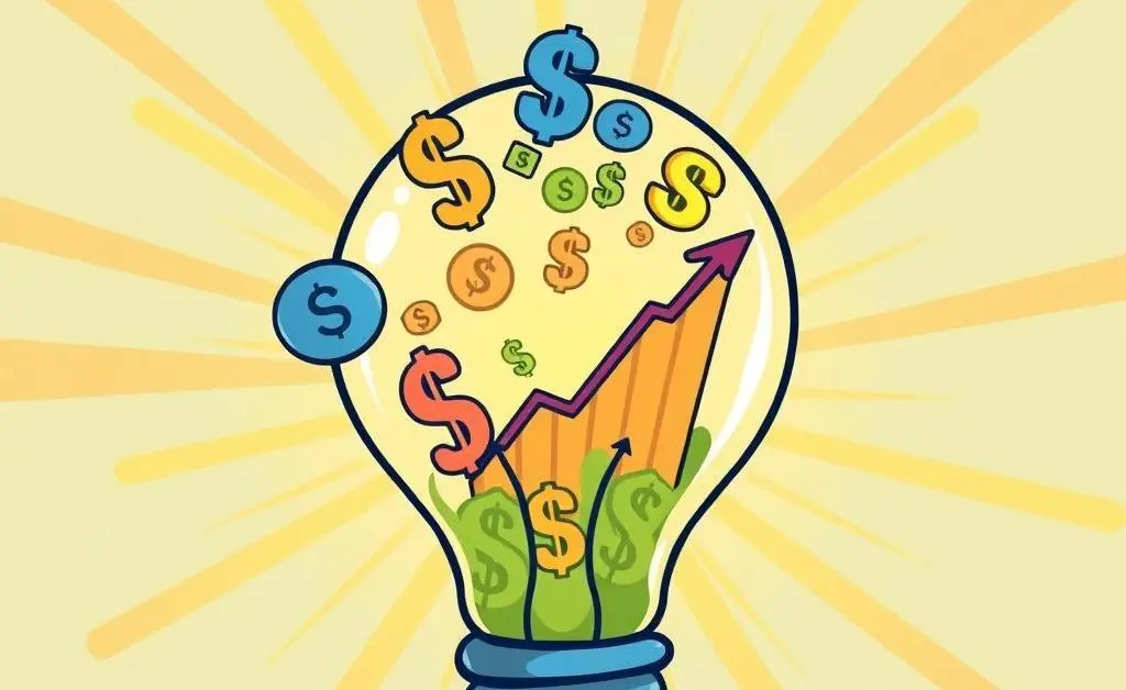 A cartoon-style lightbulb with financial icons inside