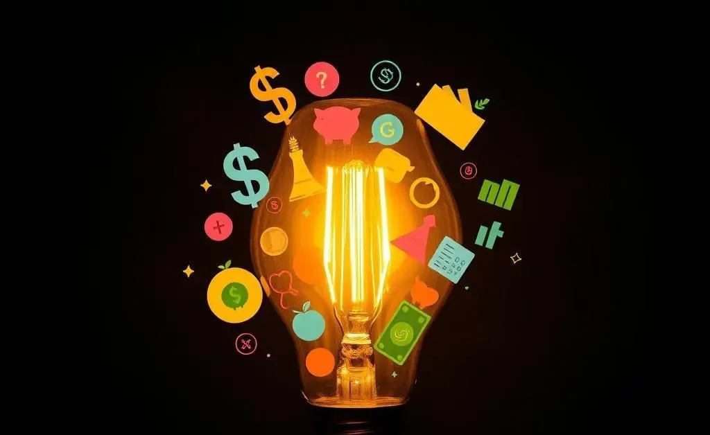 Lightbulb with money-saving ideas and budget symbols inside