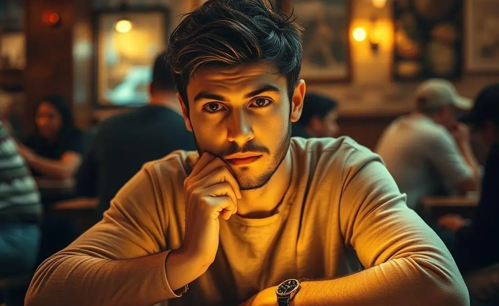 A person having a lightbulb moment sitting at a cafe, surrounded by cards.