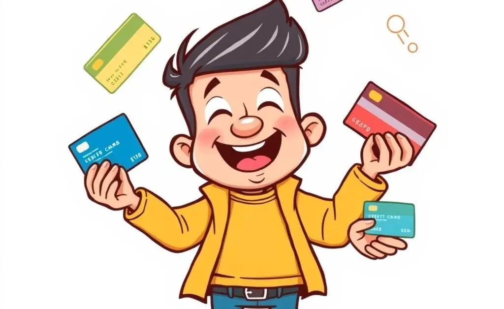 A playful cartoon of a character juggling multiple credit cards in a lighthearted manner.