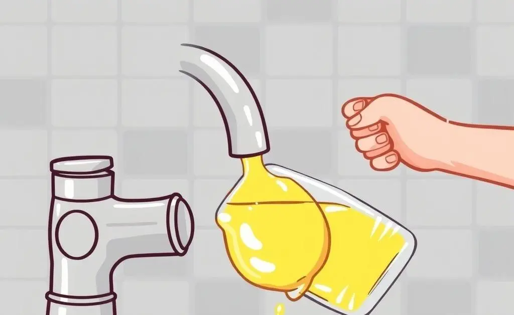 Cartoon-style illustration of a kitchen faucet being cleaned with lemon juice.
