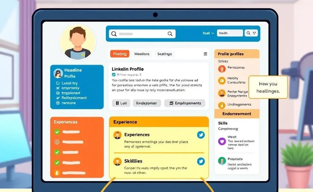 Cartoon-style detailed view of a LinkedIn profile highlighting important sections