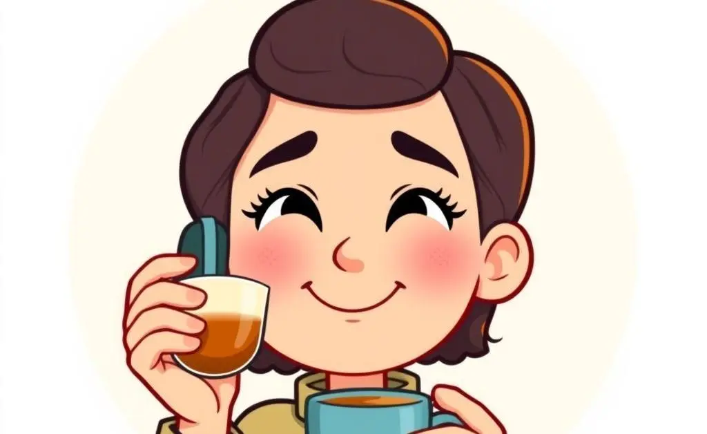 A cartoon-style image of a person actively listening with a warm expression, holding a cup of tea.