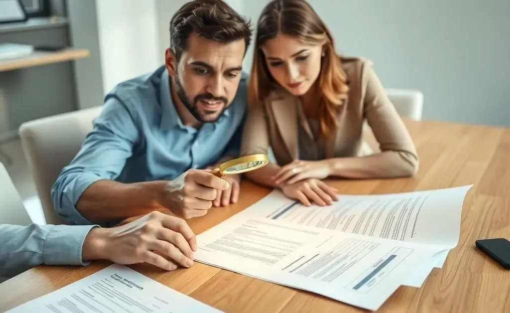 Couple reviewing a loan agreement with a magnifying glass
