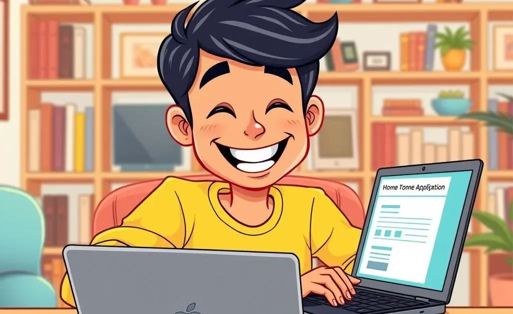 Cartoon-style illustration of a person happily filling out a home loan application online.