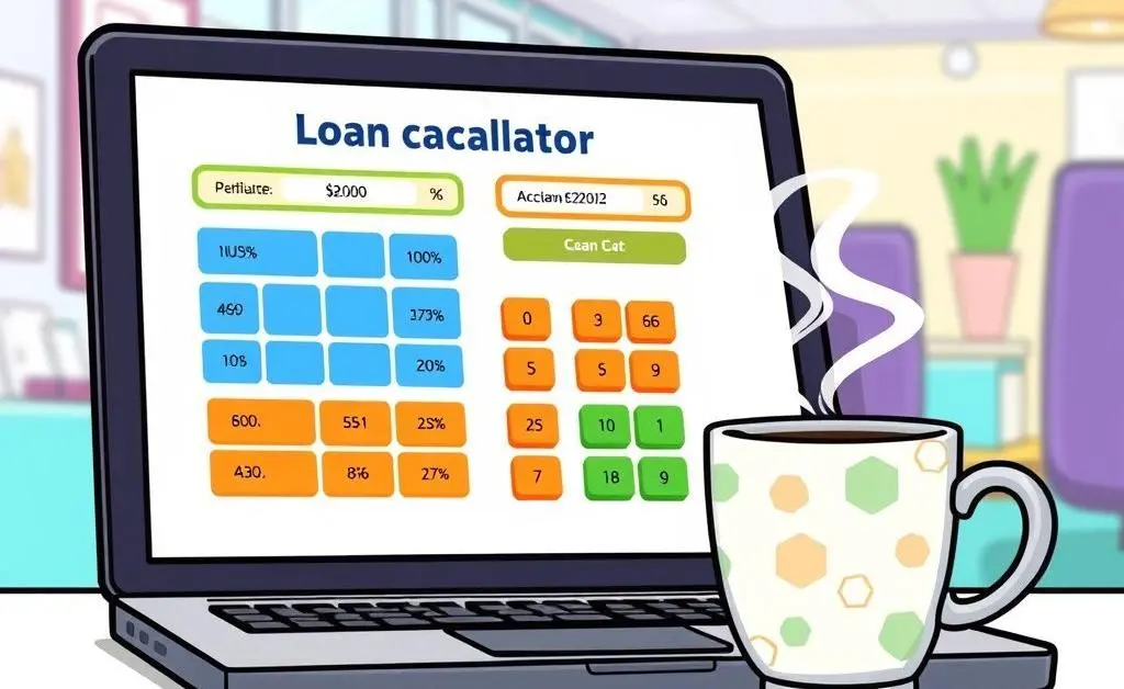 Laptop with loan calculator and coffee cup