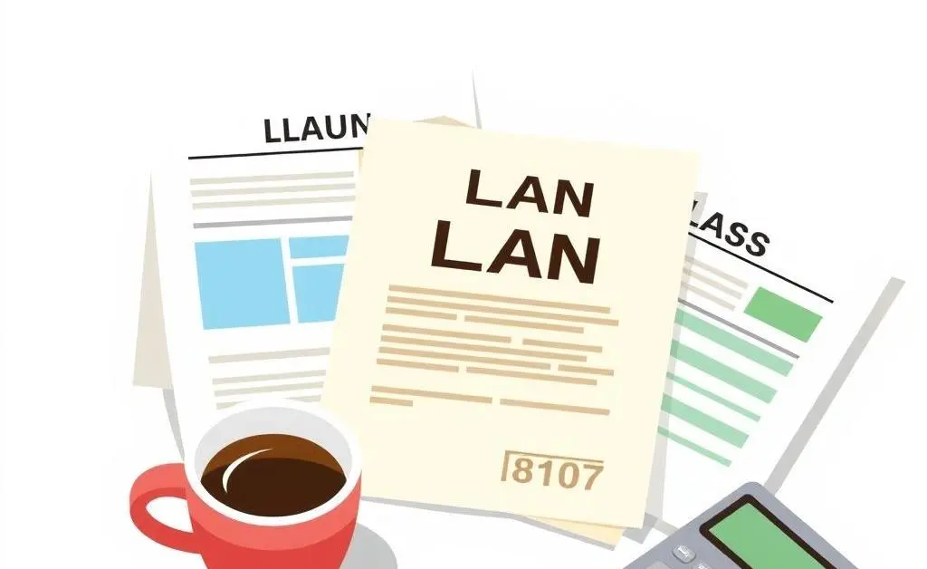 Illustration of various loan documents, coffee cup, and a calculator on a desk.