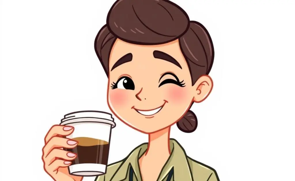 A relaxed loan officer holding a coffee cup, smiling with a feeling of calm, in a cartoon-style.