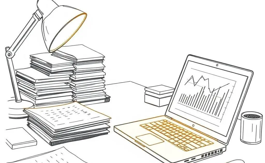 A hand-drawn image of a well-organized Mortgage Loan Officer's desk with papers and a laptop.