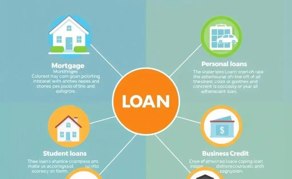 Illustration of various loan types with brief descriptions and interest rates.