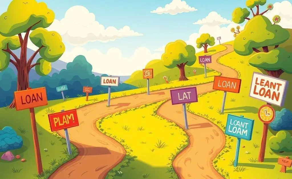 A winding pathway with different loan signs at each fork