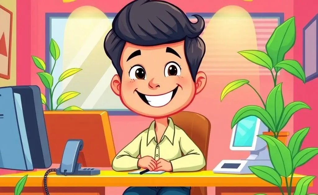 Cartoon image of a friendly loan originator at a colorful desk with a computer, phone, and plants.