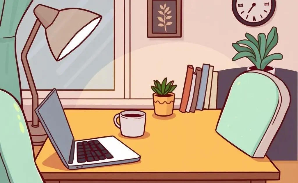 Cartoon-style home office desk setup for a loan originator.