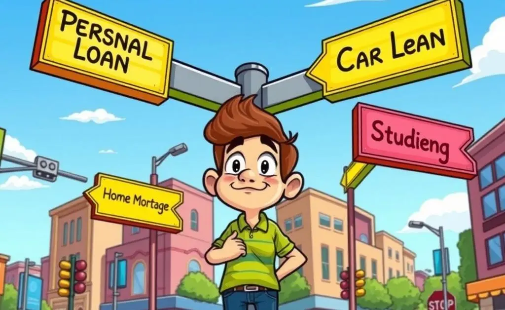 A cartoon of a person standing at a crossroads with signs pointing to different loan options.
