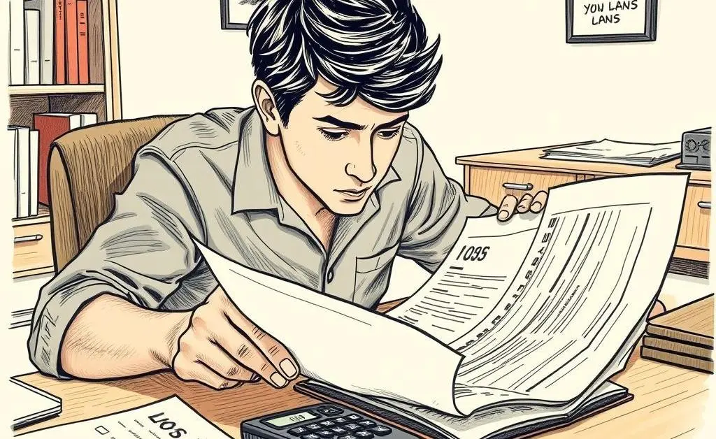 A person examining loan documents with a calculator.