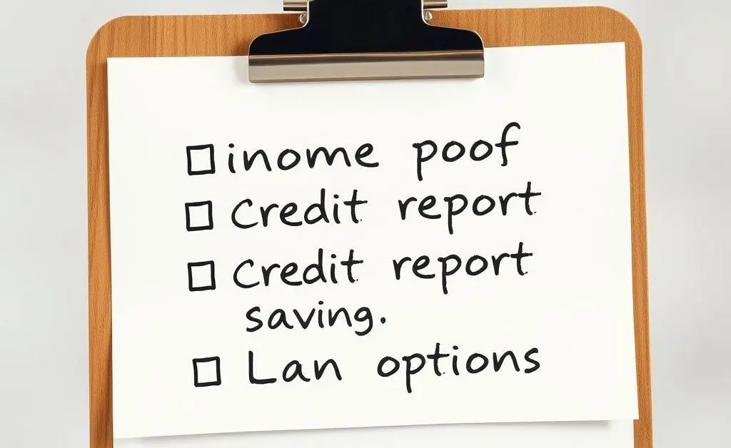 Hand-drawn style checklist on a clipboard with items like 'income proof', 'credit report', 'savings', and 'loan options'.