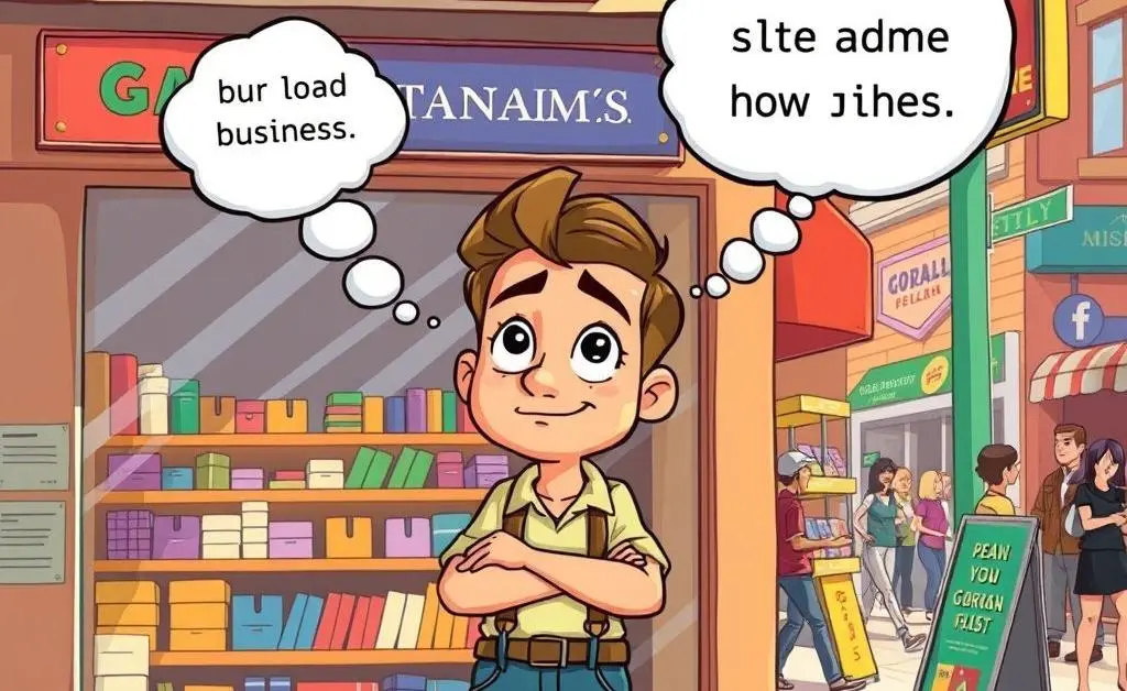 A cartoon-style image of a local business owner contemplating international trade effects on their shop.