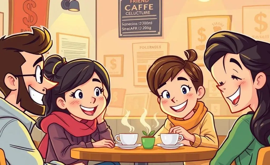 Cartoon-style scene of a cozy local cafe bustling with activity and people discussing business.
