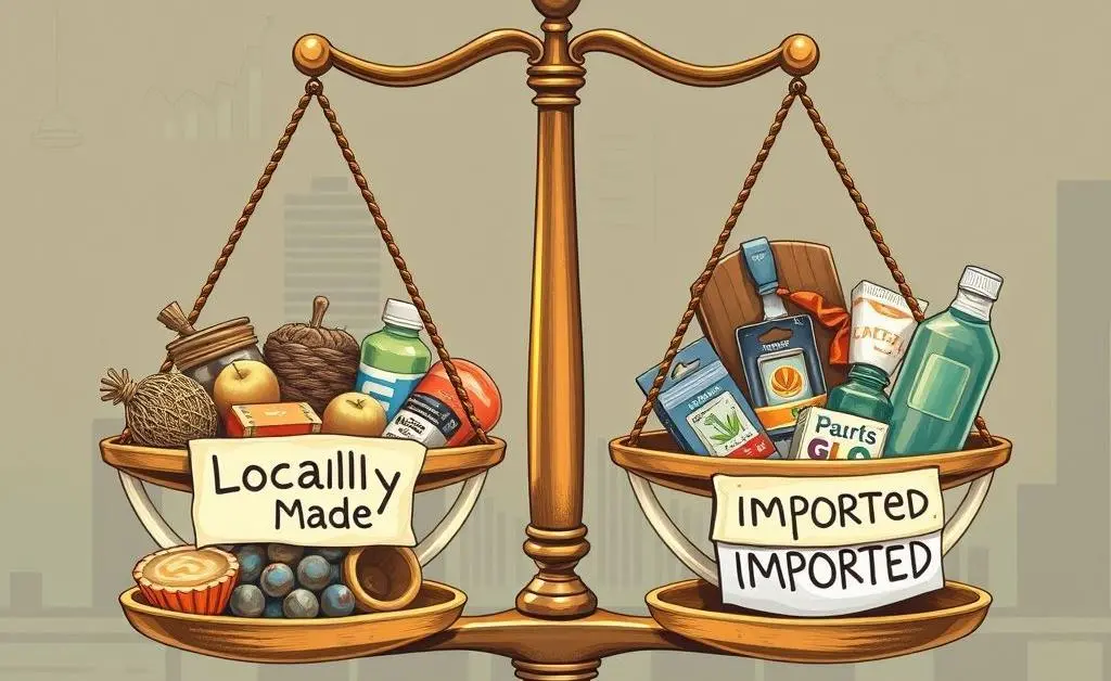 A scale balancing items labeled locally made and imported, illustrating the pros and cons of tariffs