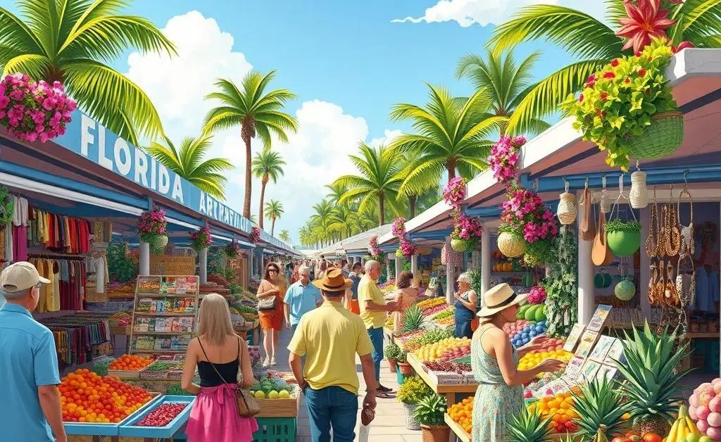Bustling Florida local market with fresh produce and crafts