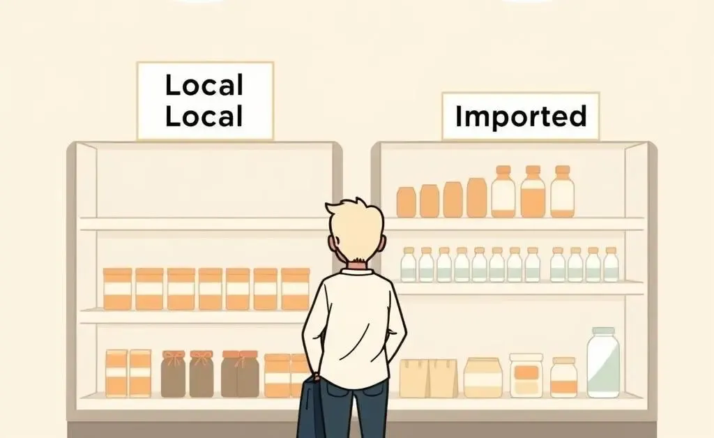 Minimalist cartoon image depicting a shopper choosing between local and imported products.