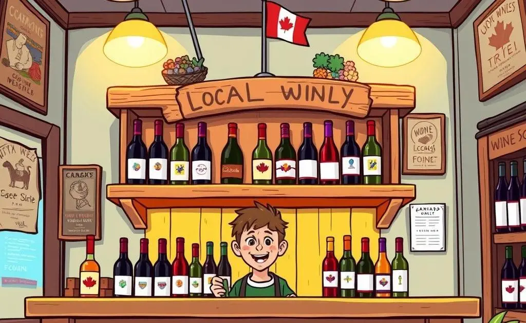 Cartoon-style wine shop interior with a shelf labeled 'Local Wines Only' and a Canadian flag.