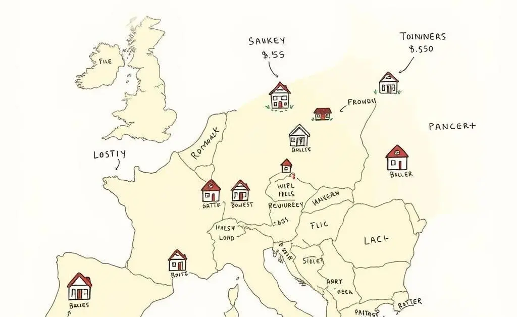 A hand-drawn style map showing varying prices of houses based on location.