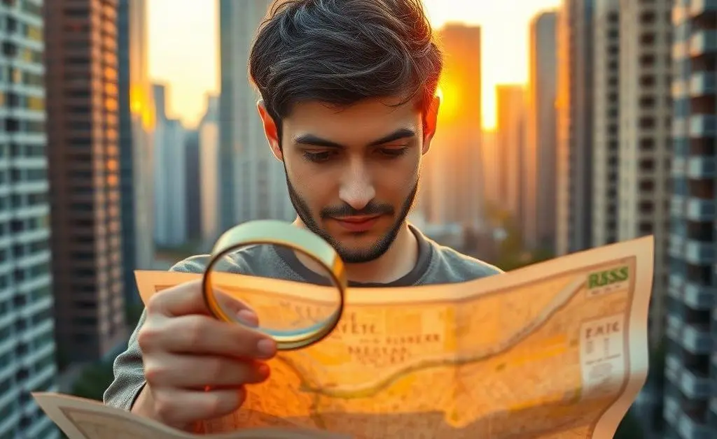 A person with a map and a magnifying glass, symbolizing the search for the perfect home location.