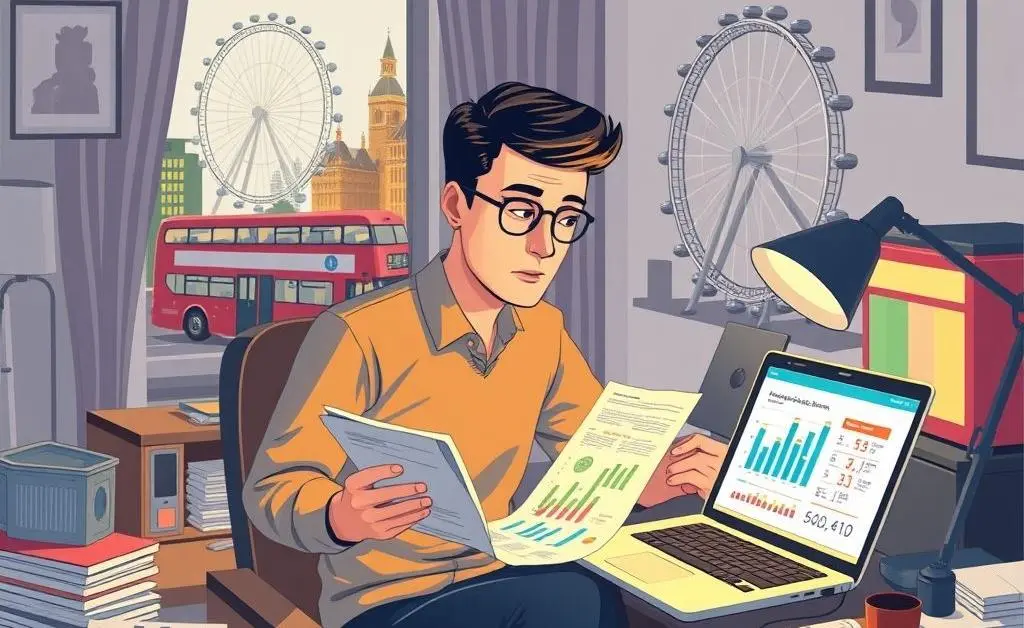 Person at a desk with a budget plan for living in London