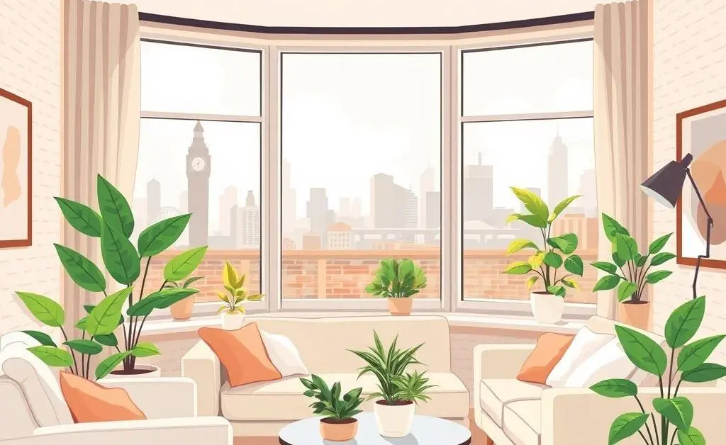 Cartoon showing a cozy interior of a London flat with modern furnishings and house plants