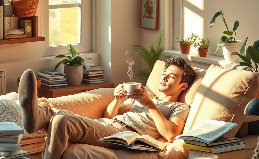 A peaceful setting showing a person relaxing with investment books and tea.