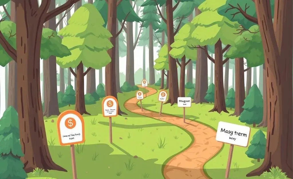 Illustration of a long-term investment journey through a forest