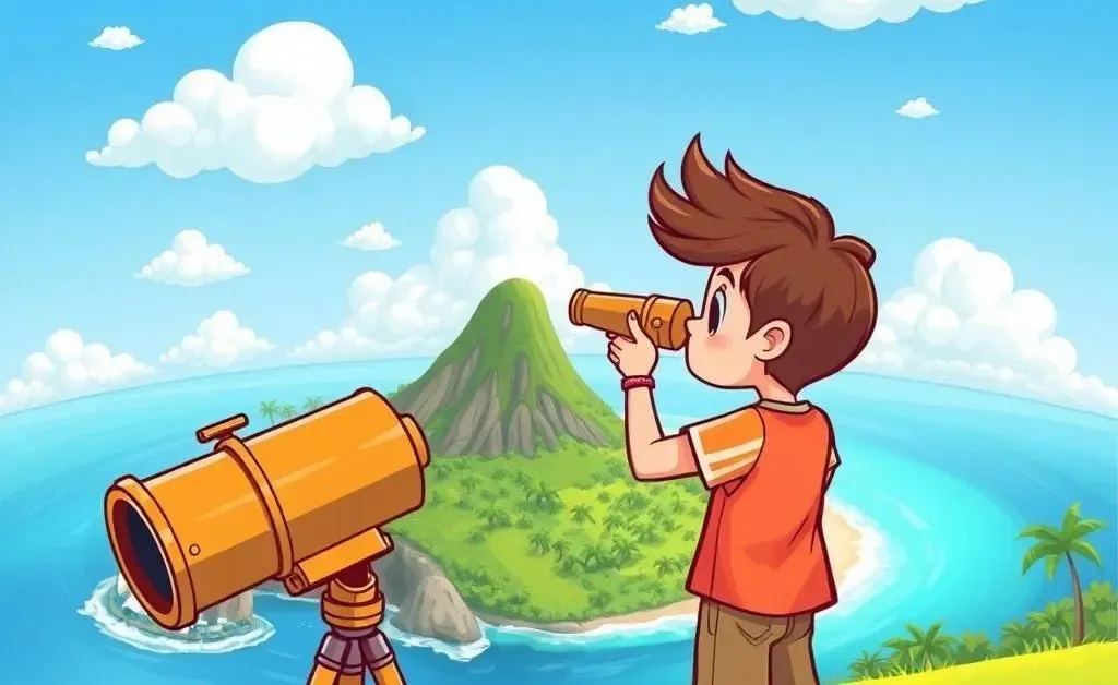Person looking through a telescope at a distant island representing long-term financial goals