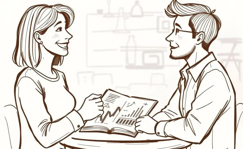 A hand-drawn aesthetic showing a friendly discussion between two people about long-term investments.