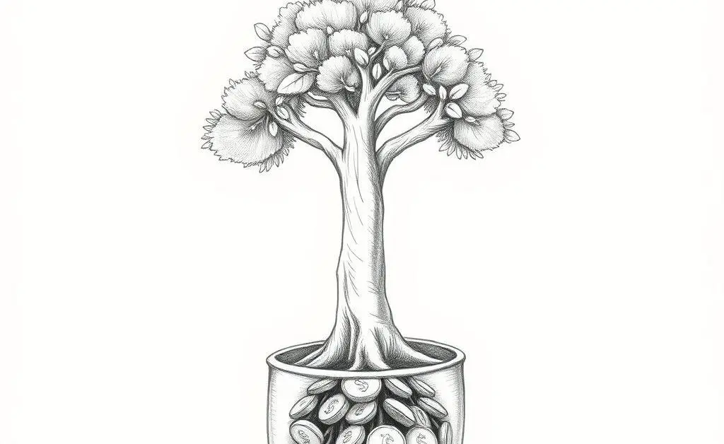 Tree growing from coins symbolizing long-term investment growth