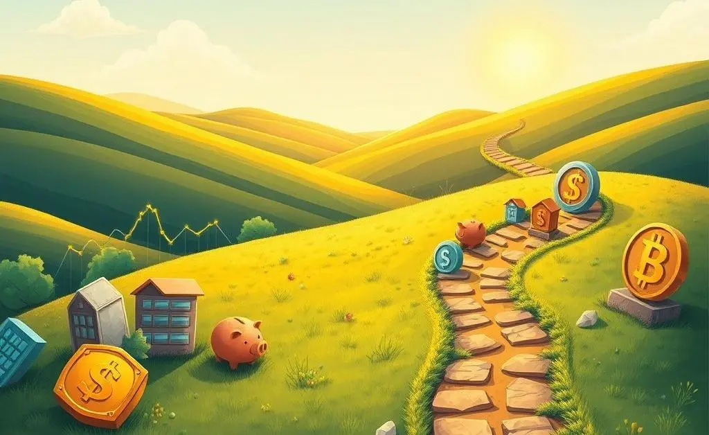 Illustration of a winding path leading to a financial goal with various investment symbols along the way
