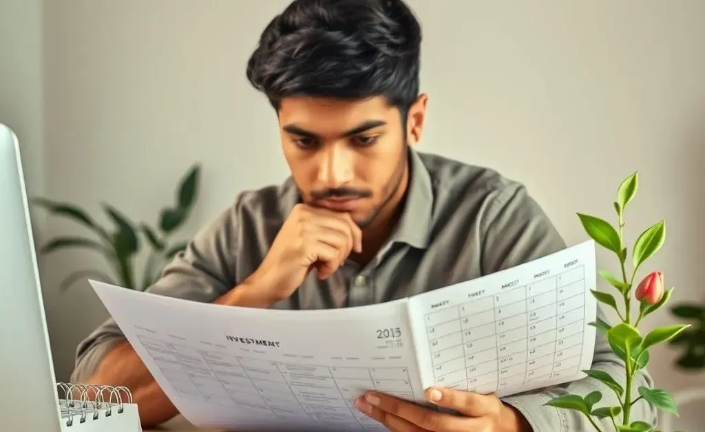 A person sitting at a desk planning investments on a calendar with coins and a plant growing in the background.