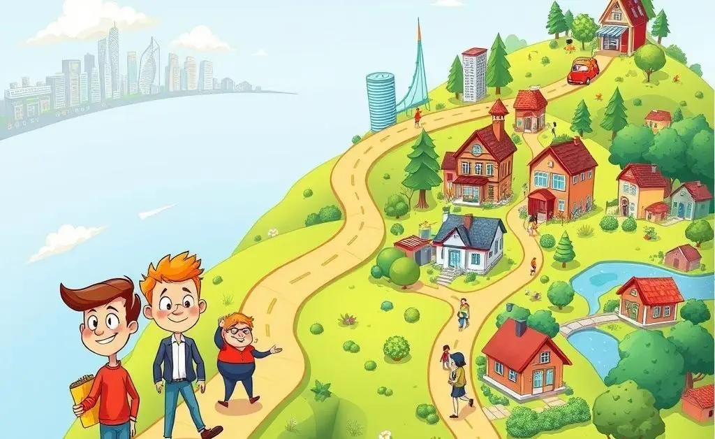 Cartoon map showing the journey of a long-term investor from young age to retirement.