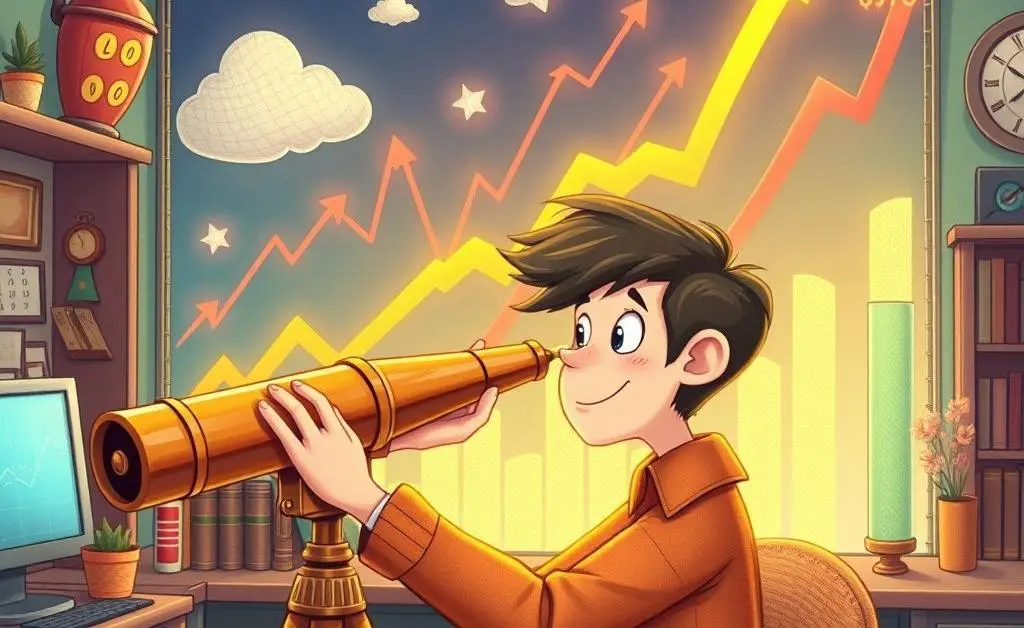 A whimsical illustration showing a person looking through a telescope at various rising stocks on a chart.