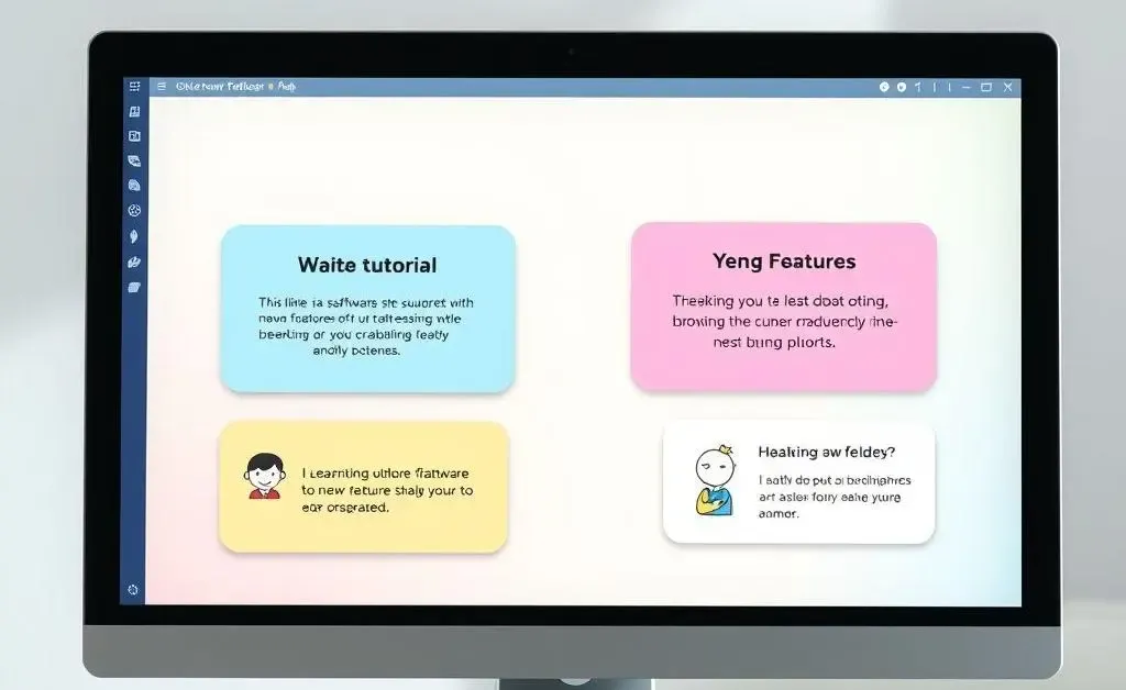 A computer screen with friendly pop-up tutorial boxes about new software features
