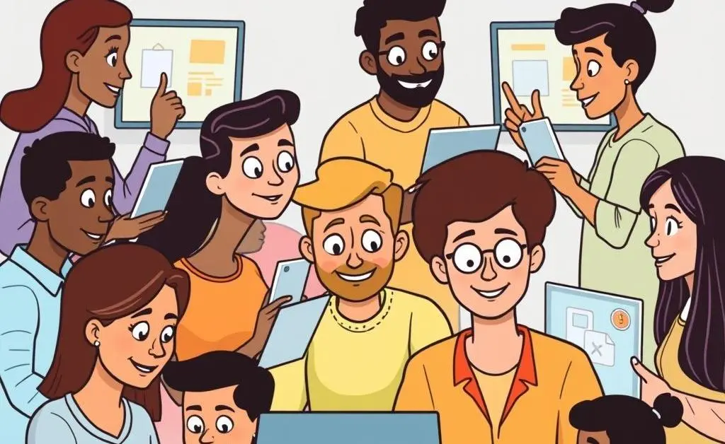 A diverse group interacting with different user interfaces